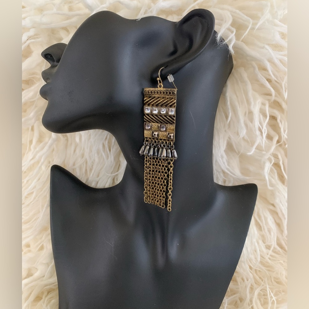 Bohemian Brass Tone Crystal Rhinestone Chain Dangling Earrings